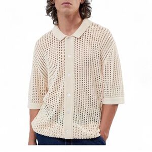 PacSun| Off White Open Knit Polo 2.0 Woven Camp Shirt Size M 100% Cotton